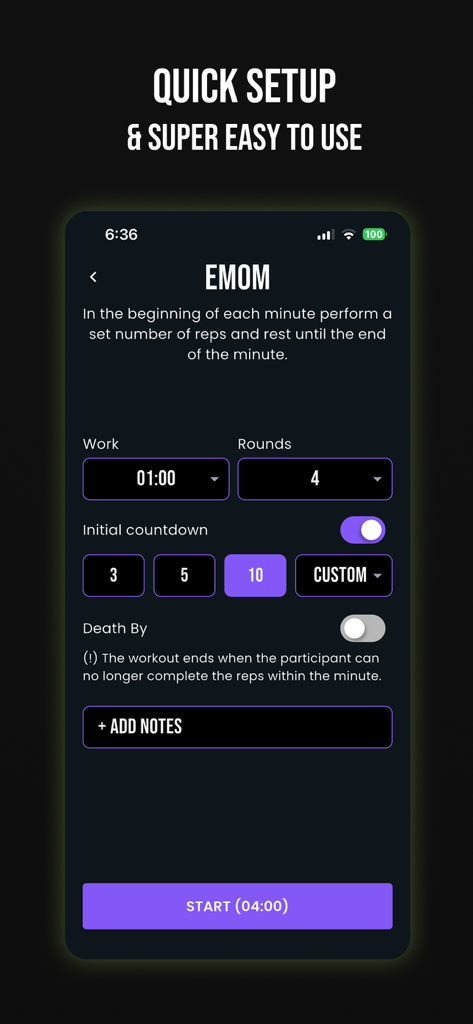 Workout Timer by KBMH - Interfaccia di configurazione allenamento EMOM con impostazione di lavoro e round