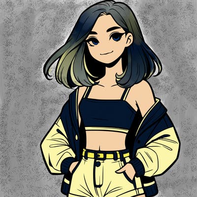 a realistic girl with a crop top and short shorts in an open jacket