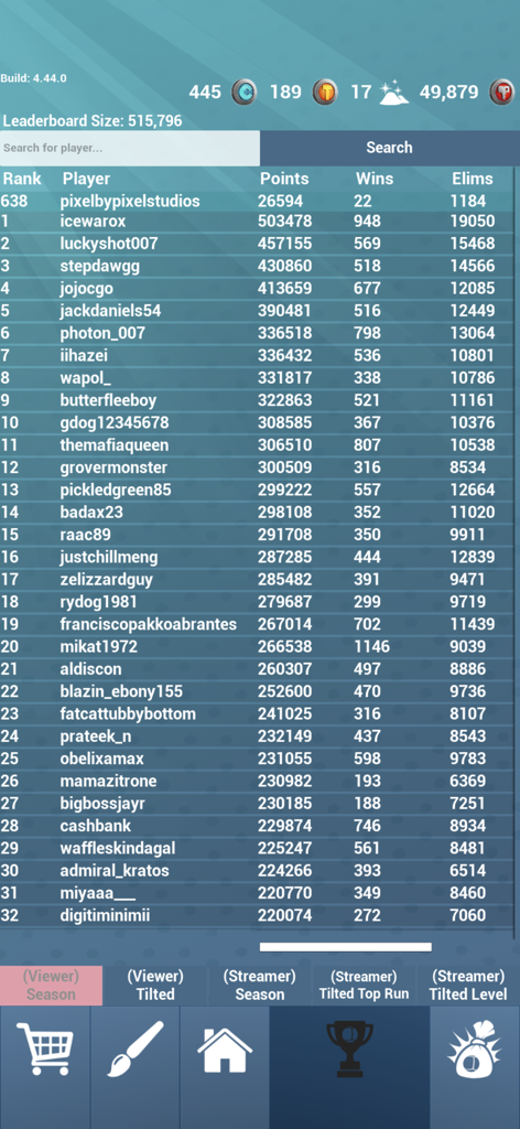 Marbles On Stream Mobile - Global leaderboard in the Marbles On Stream Mobile app showing player ranks and points