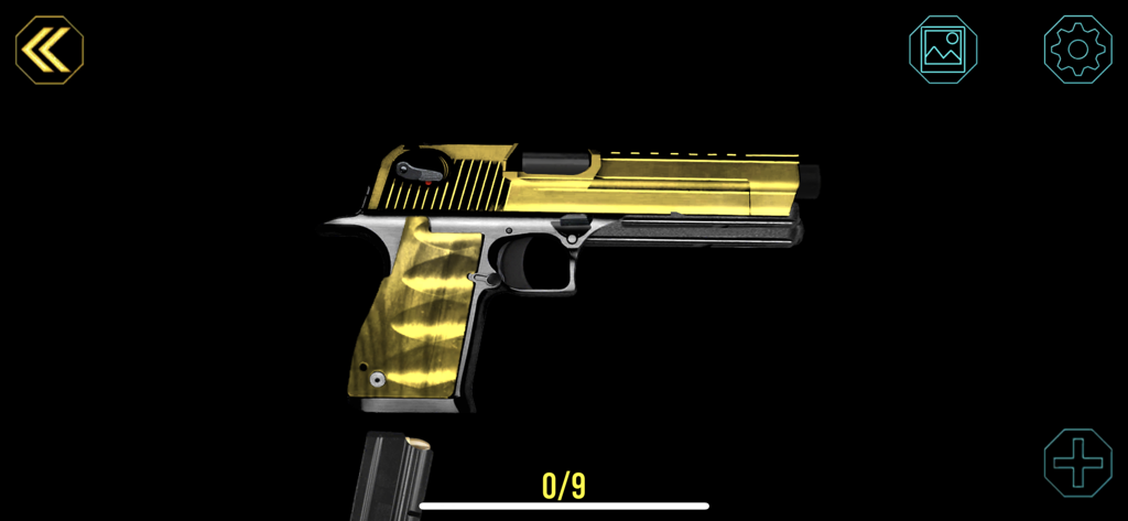 Uma pistola dourada personalizada exibida na interface do aplicativo móvel Gun Builder Custom Guns