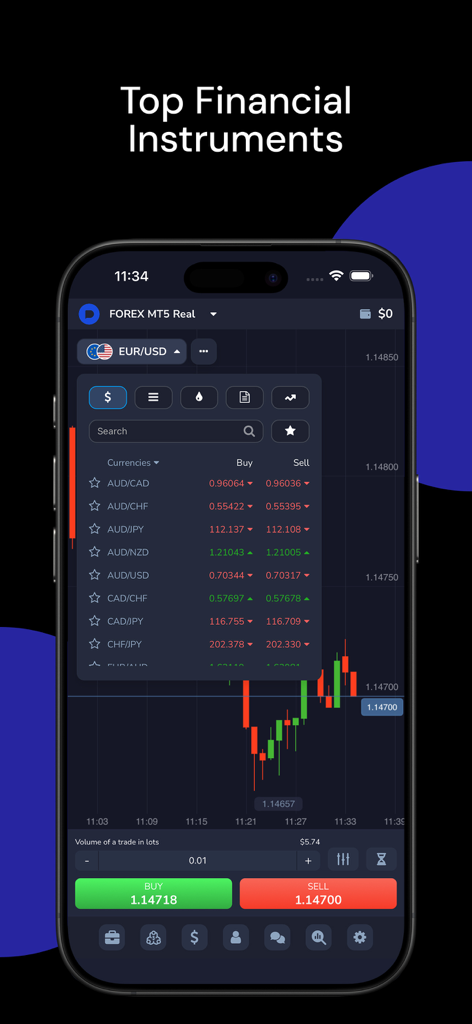 Pocket: from trader to traders - Interfaccia dell'app mobile Pocket Broker che mostra coppie di valute e grafici di trading