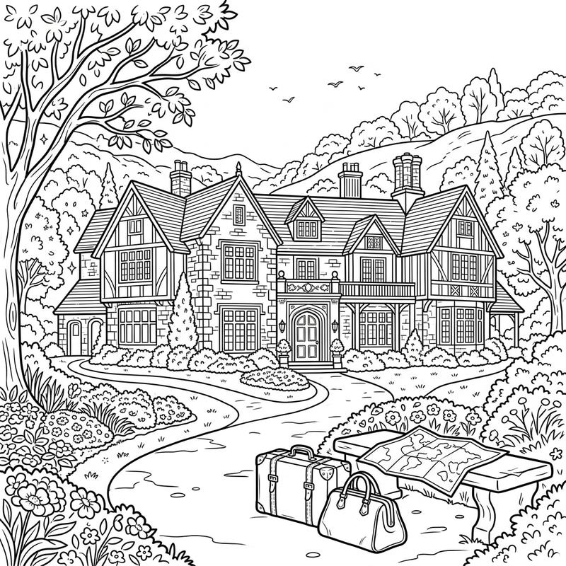 Embark on a coloring journey to a magnificent country mansion, ready for a luxurious vacation. This intricate page captures the charm of stately living amidst beautiful landscapes, complete with travel essentials.