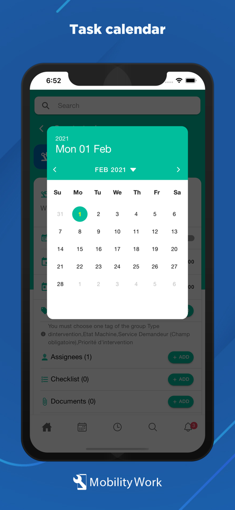 Mobility Work - La fonction calendrier des tâches dans l'application mobile Mobility Work, montrant un sélecteur de dates mensuel pour la planification de la maintenance industrielle.
