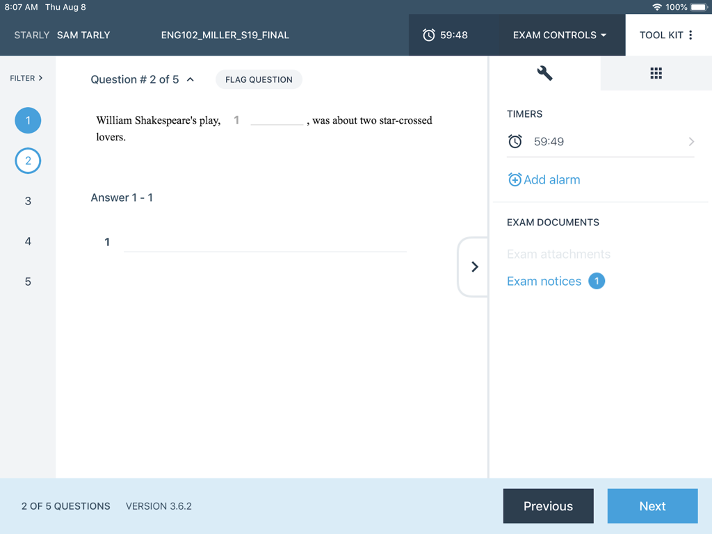 Examplify iPad app interface showing a literature exam question with a countdown timer and toolkit sidebar.