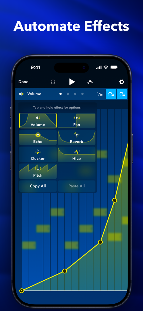 Medly - Interfaz de la aplicación de música Medly mostrando la pantalla de automatización de efectos con controles de volumen y reverberación