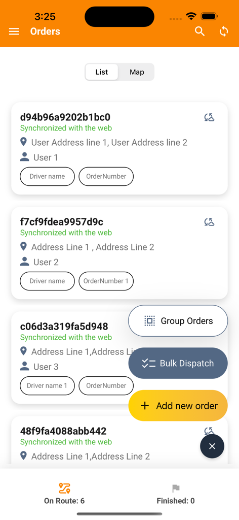 DispatchTrack LastMile - Interface of the DispatchTrack LastMile app showing a list of synchronized delivery orders with options for bulk dispatch and order grouping.