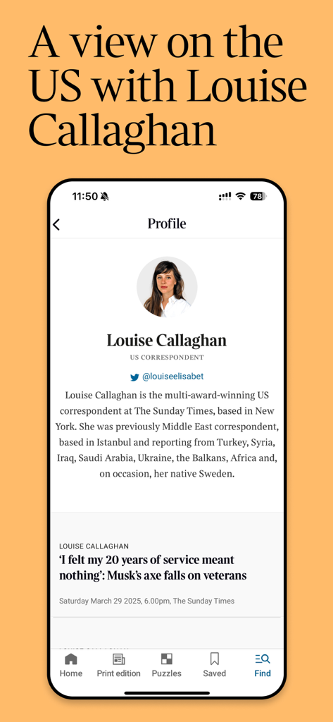 Página de perfil de la Corresponsal en EE. UU. Louise Callaghan en la aplicación de noticias The Times mostrando su biografía y artículos más recientes