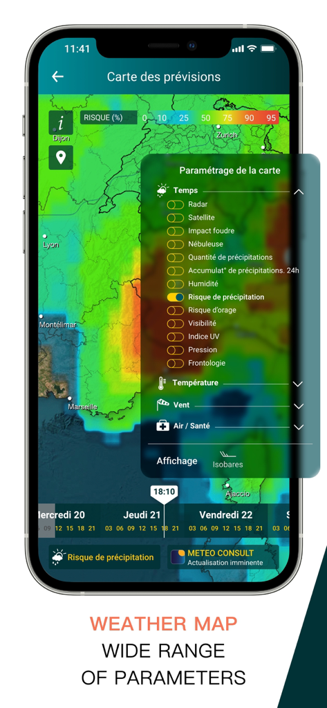 METEO CONSULT - Impostazioni della mappa meteorologica interattiva nell'app METEO CONSULT che mostrano molteplici parametri di previsione e livelli di rischio pioggia