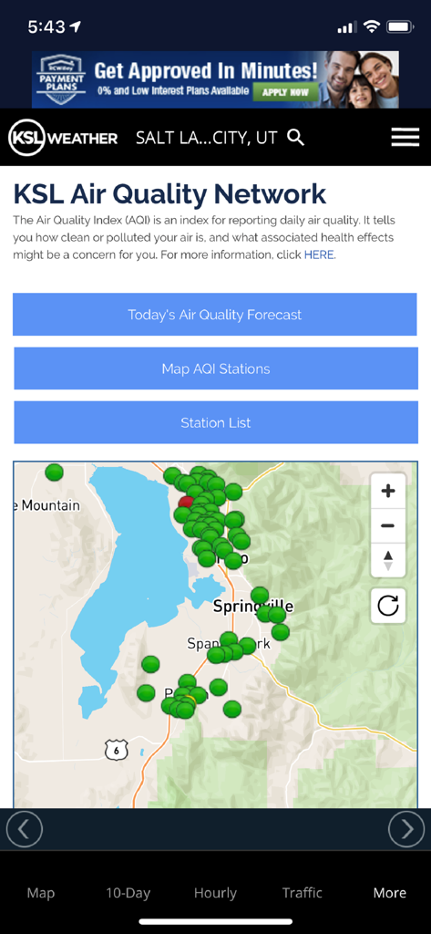 KSL Weather app screen showing the air quality network map for locations in Utah