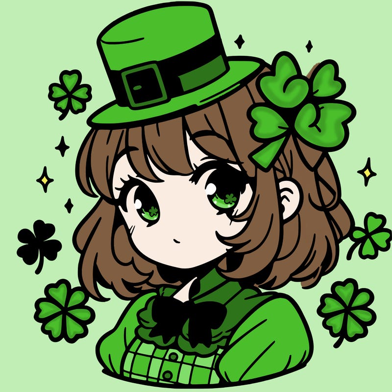 a manga-style girl with clovers around her, a little hat in her hair, like it's saint patrick's day