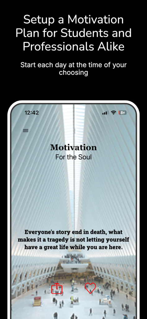 Quote of the Day: Daily Wisdom - モダンな建築物の背景に、素晴らしい人生を送ることについての感動的な引用を表示するモチベーションアプリの毎日の引用のモバイルアプリ画面。