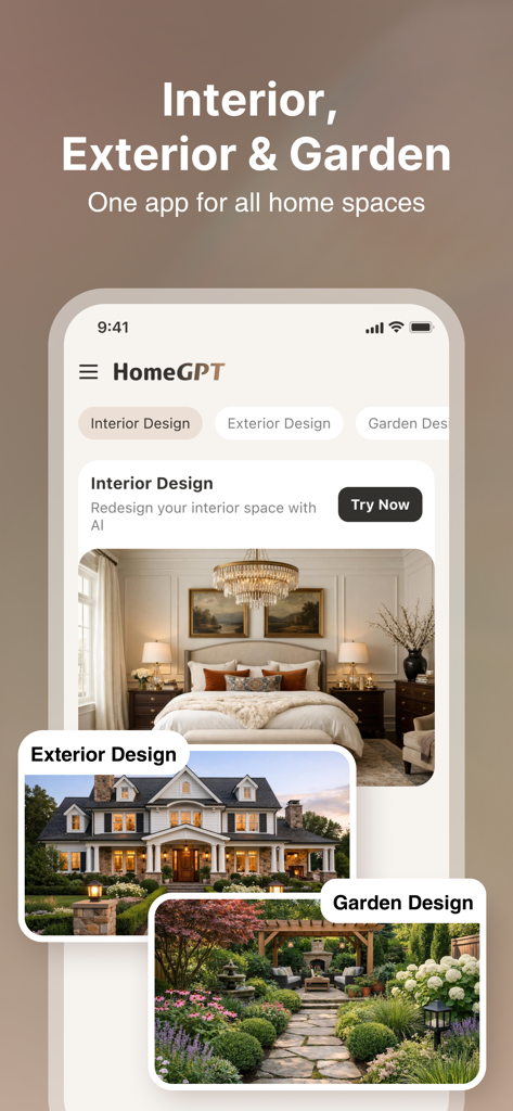 HomeGPT：AI Interior Design - HomeGPT app interface showing options for interior exterior and garden design