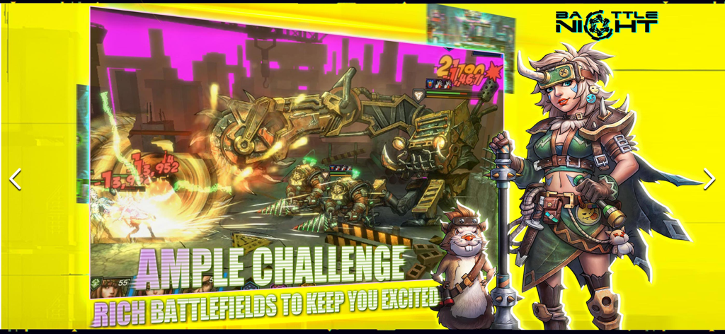 Battle Night - Battle Night Gameplay, das ein Team von Helden zeigt, die in einer neon-cyberpunkartigen Umgebung gegen einen riesigen Roboterboss kämpfen.