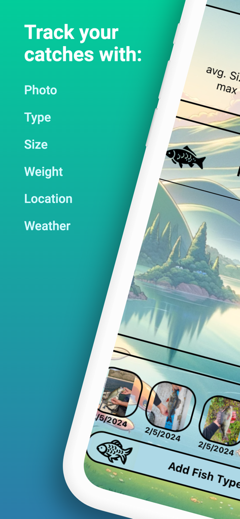 FishTracker: Your Fishing Log - A screenshot of the FishTracker app showing options to log catches with photos, type, size, weight, location, and weather details.