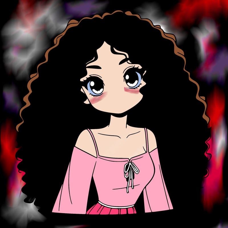 a black anime girl with long afro hair