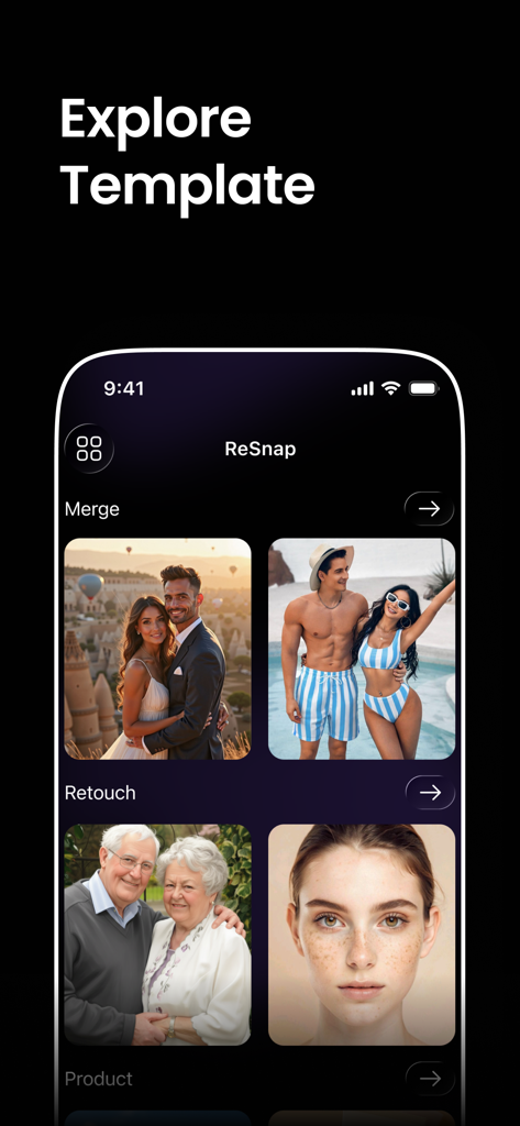 ReSnap: AI Photos & Edits - Interface do aplicativo ReSnap mostrando diferentes modelos de edição de fotos com IA, como mesclar e retocar