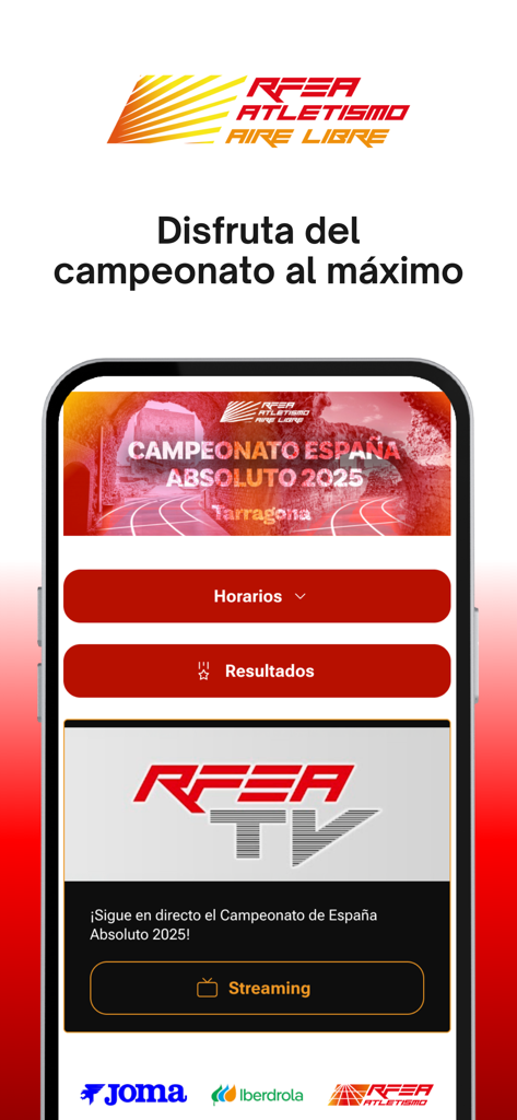 Pantalla de inicio de la aplicación Campeonatos RFEA que muestra los horarios de los eventos, resultados y opciones de transmisión en vivo.