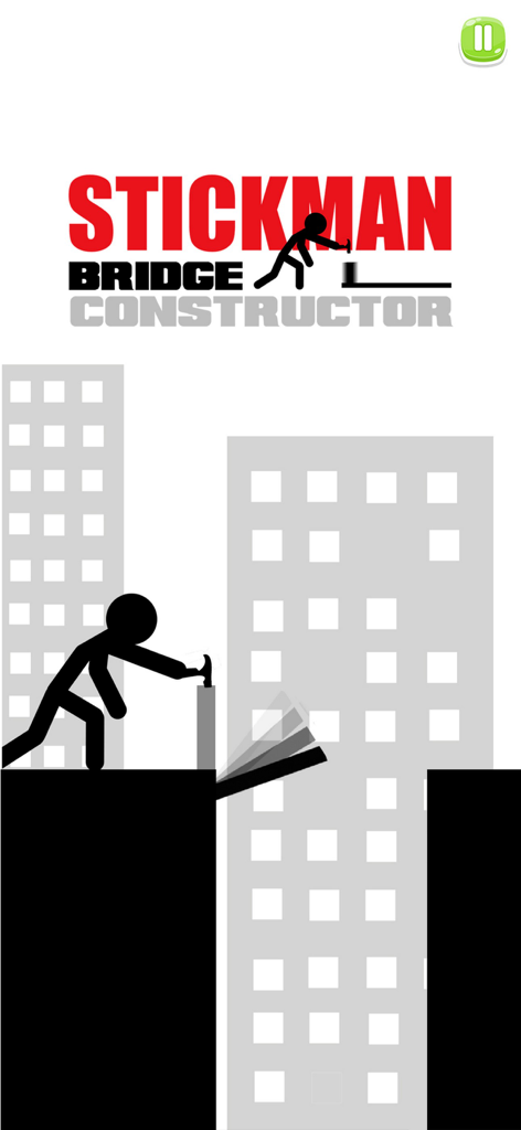 Stickman Bridge Constructor - A black stickman building a bridge between two platforms with a city skyscraper background in the game Stickman Bridge Constructor.