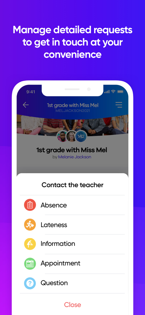 Klassly - Interface of the Klassly app displaying options to contact a teacher for reasons such as absence lateness or appointments