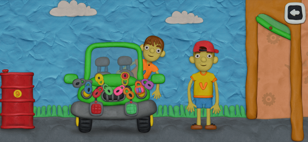Personajes de Vlad y Niki junto a un coche verde con múltiples cerraduras coloridas en un estilo artístico de plastilina