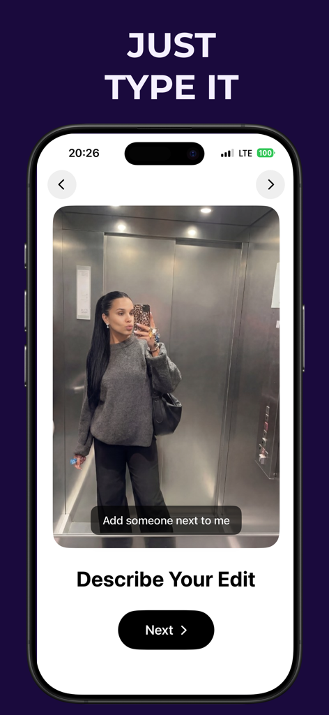 Lenz AI: Photo & Video Editor - Lenz AI 앱의 인터페이스로, 텍스트 프롬프트를 사용하여 사진 편집을 설명하는 방법을 보여줍니다.