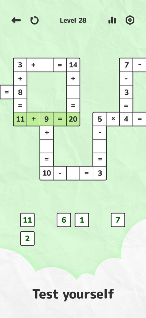 A screenshot of Math Crossword Pro showing a crossword-style grid filled with math equations and number tiles for a mental challenge.