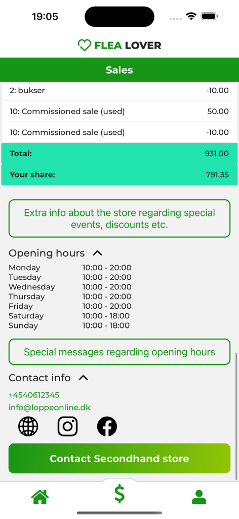 Flea Lover - Screenshot of the Flea Lover app displaying a sales summary for a consignment seller and the opening hours and contact information for a secondhand store