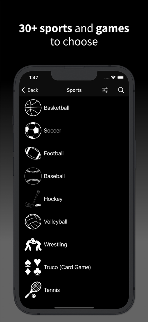 List of sports available in the Virtual Scoreboard mobile app