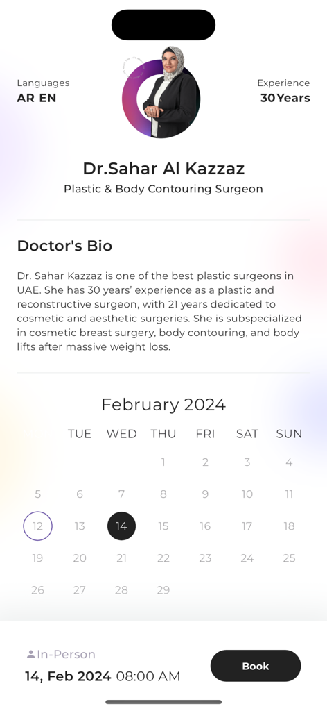 Novomed Centers - Doctor profile and appointment booking screen on the Novomed app