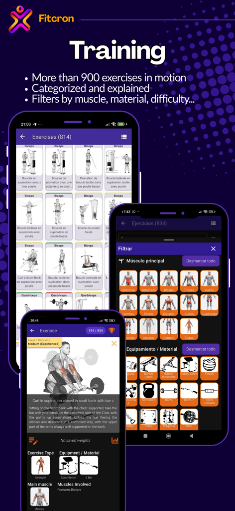 Fitcron App-Oberfläche mit einer umfassenden Übungsbibliothek mit Filter für Muskeln und Ausrüstung