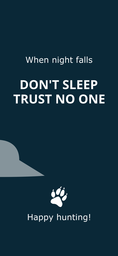 A dark blue game screen for Wolvesville featuring the text Don't Sleep Trust No One with a white wolf paw icon.