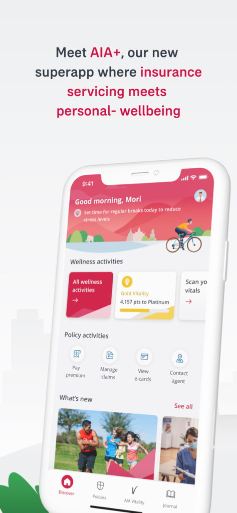 AIA+ Thailand superapp interface showing insurance servicing and personal wellbeing features
