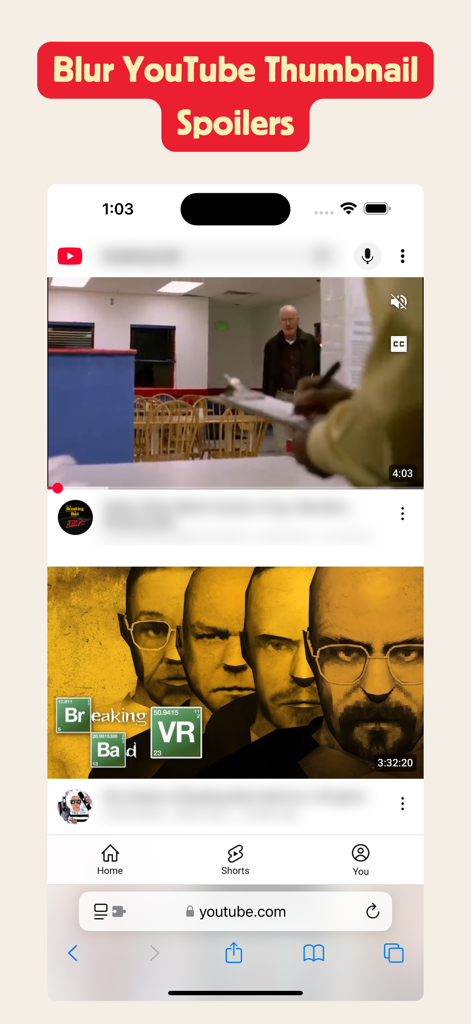 iPhone-Bildschirm zeigt die Hide Spoilers-App, die Video-Thumbnails und Titel auf YouTube verwischt