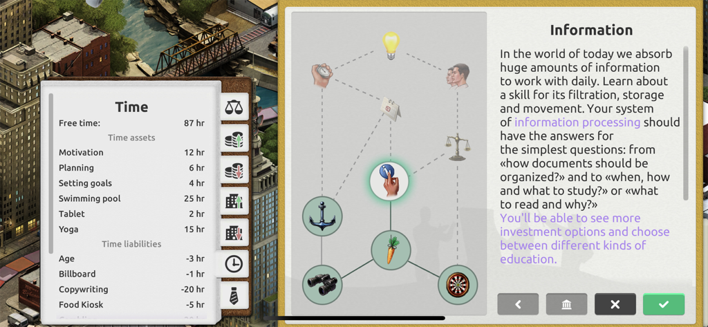 Timeflow: Business Tycoon Game - Captura de pantalla del juego Timeflow que muestra activos de gestión del tiempo y árbol de desarrollo de habilidades