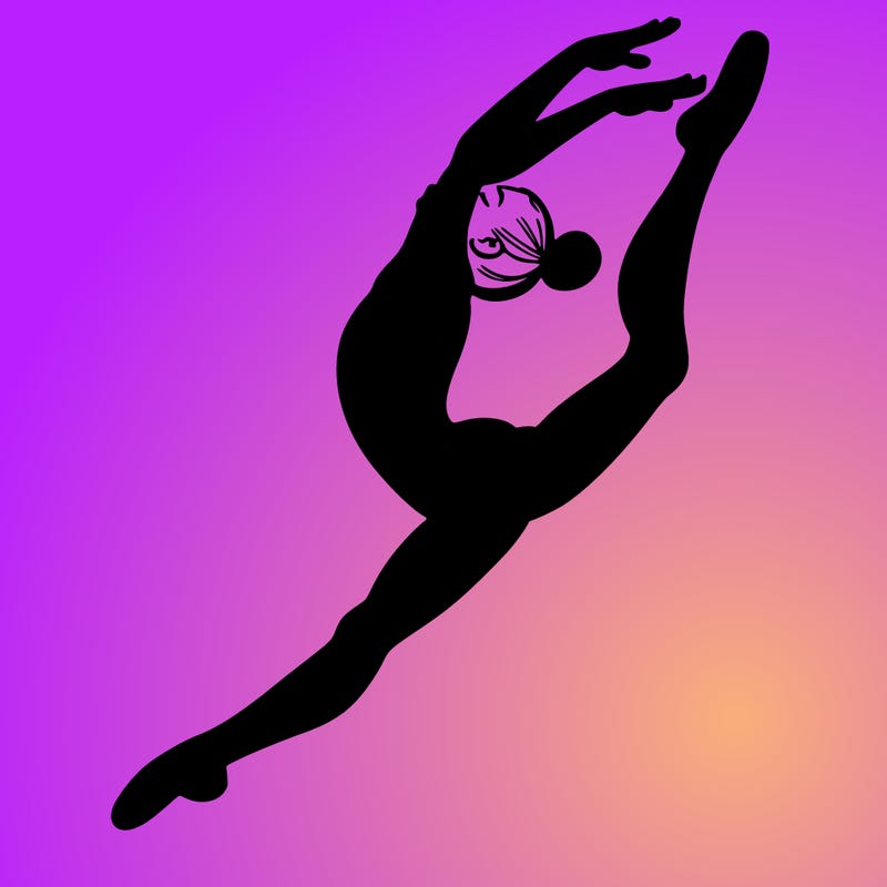 gymnast doing a leap in a leotard with a bent back leg