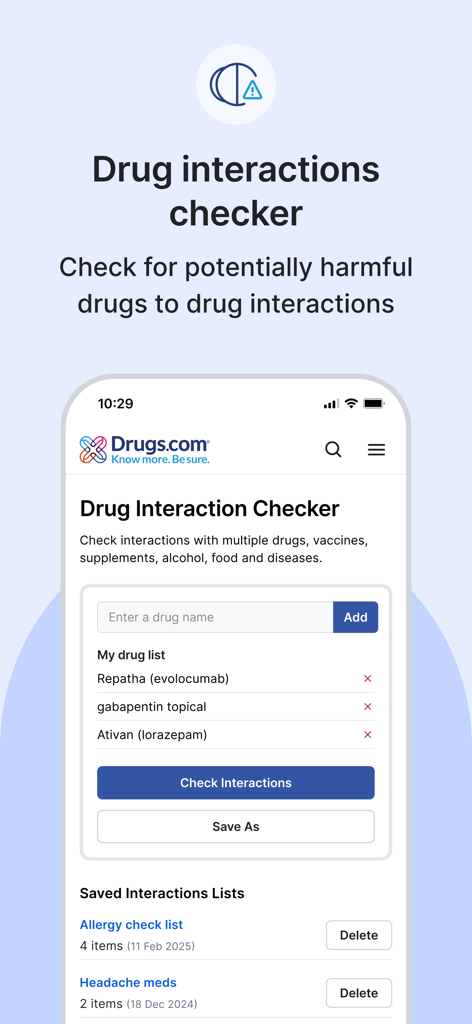 Interface de l'outil de vérification des interactions médicamenteuses de Drugs.com