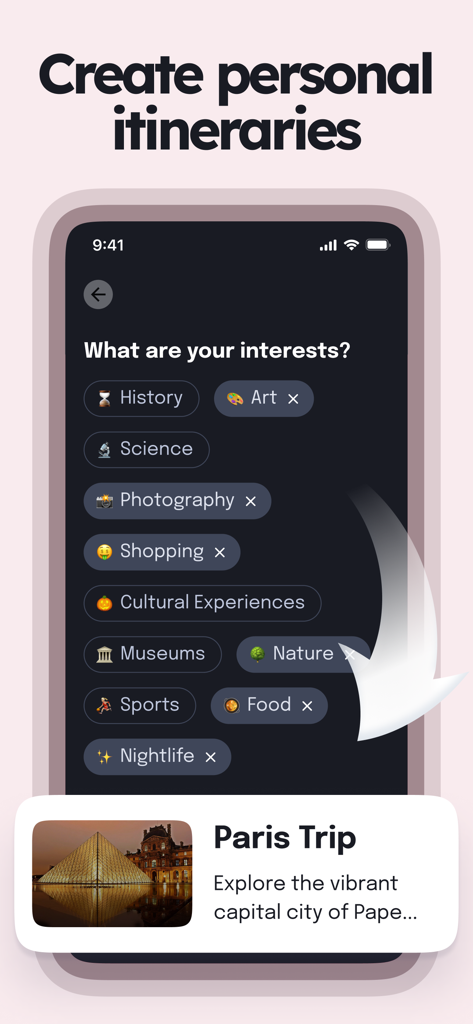Travel Guide & Planner • Piri - Piri app screen for creating personalized travel itineraries based on interests like art and history