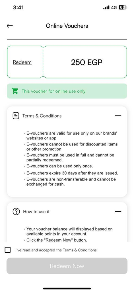 Mazaya and More - Pantalla de la aplicación Mazaya and More para canjear un vale en línea de 250 EGP con términos y condiciones.