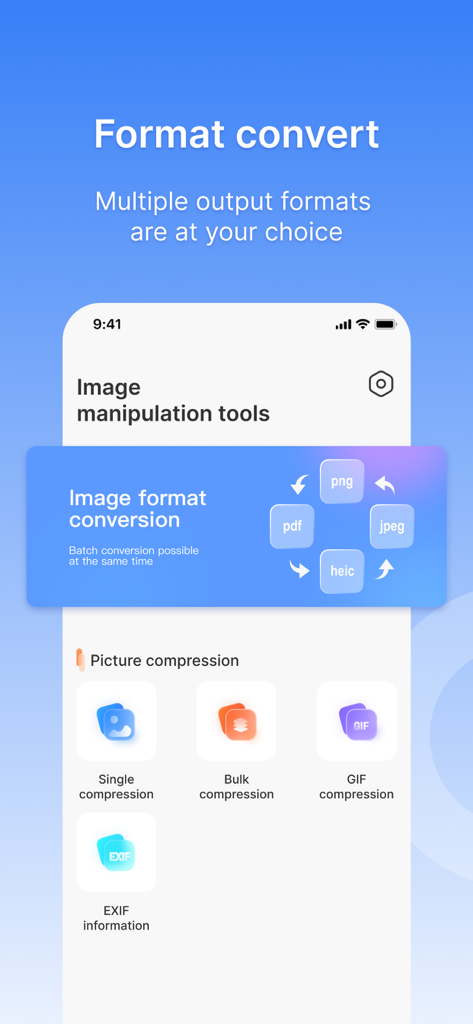 Exif Viewer&Compress Photos - Exif Viewer app screen showing image format conversion and compression features