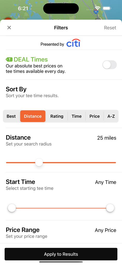 TeeOff - Pantalla de filtros de la aplicación TeeOff que muestra opciones de distancia, precio y horarios de ofertas