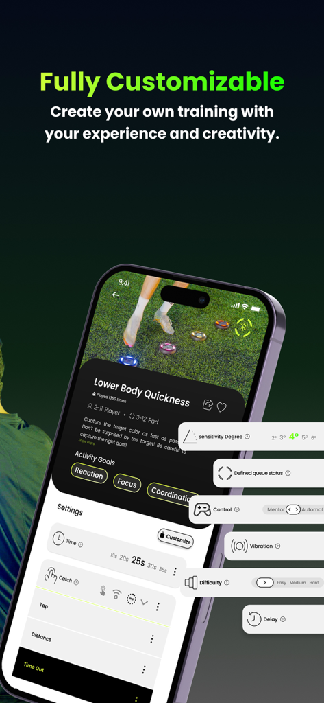CatchPad - CatchPad app screen showing customizable training settings for lower body quickness drills