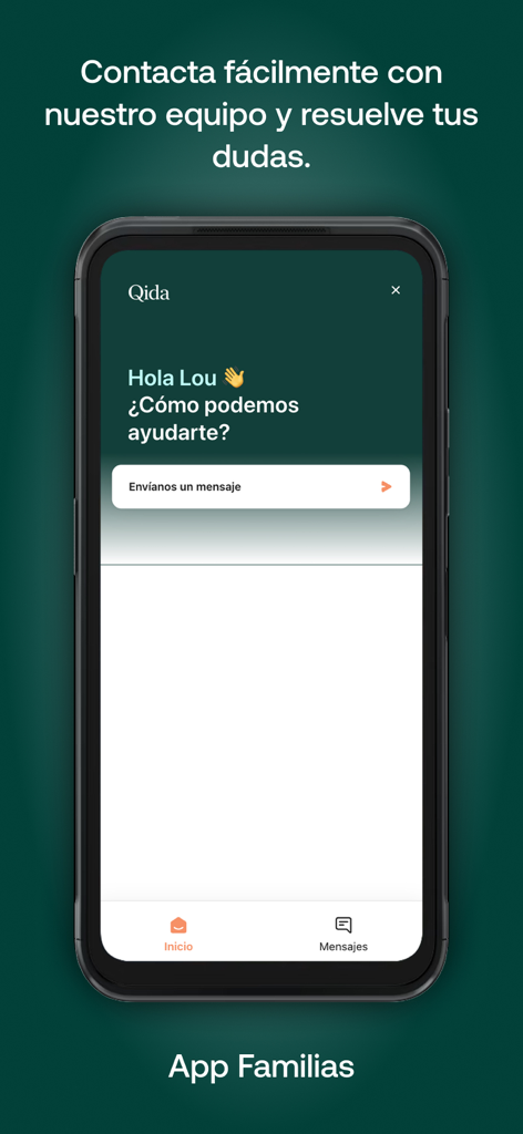 Qida Familias - Interfaccia dell'app Qida Familias che mostra una schermata di messaggistica per contattare il team di supporto per aiuto