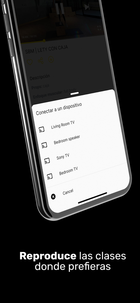 Sersana HOME app interface showing options to stream a workout class to a smart TV or speaker