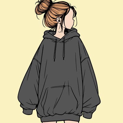 realistic girl with a oversized sweatshirt on and a bun