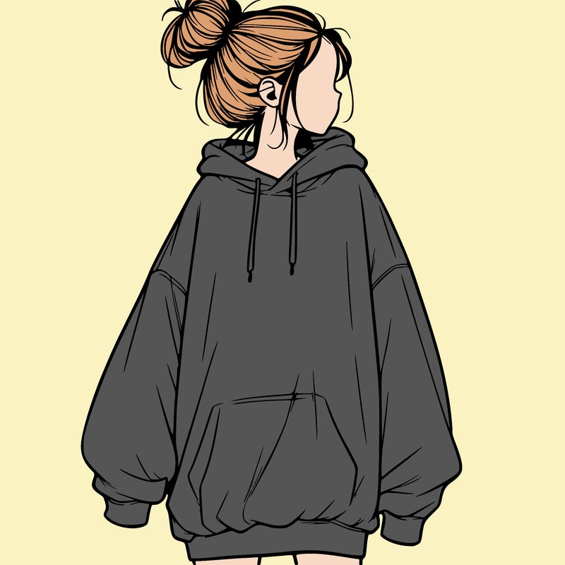 realistic girl with a oversized sweatshirt on and a bun