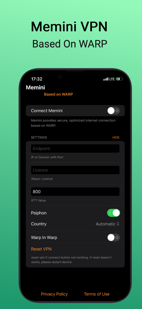 Memini VPN: Warp - Oberfläche der Memini VPN-App, die Verbindungseinstellungen und die Psiphon-Integration zeigt