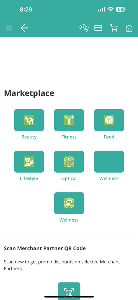 Marketplace section of the HeyPhil 2.0 app showing various health and wellness categories like Beauty, Fitness, and Food