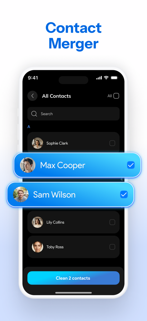 SmartClean AI: Storage Cleaner - SmartClean AI app contact merger interface displaying a list of contacts with two selected for cleaning.