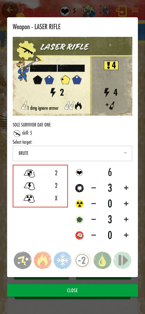 Fallout Miniatures - Estadísticas detalladas del rifle láser y pantalla de selección de objetivos en la aplicación complementaria Fallout Miniatures