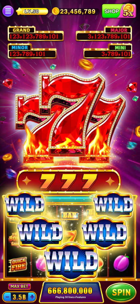 Lucky Jackpot Slots Casino classic 777 slot machine interface with flaming lucky sevens and wild symbols